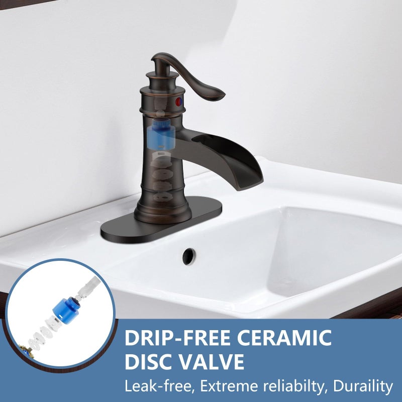 Homevacious Bathroom Faucet Waterfall Sink Faucets Bath Brushed Nickel Farmhouse Sink Vanity Single Handle 1 Hole or 3 Hole Basin Mixer Tap Lavatory Faucet with Deck Plate - Brushed Nickel - Image 4